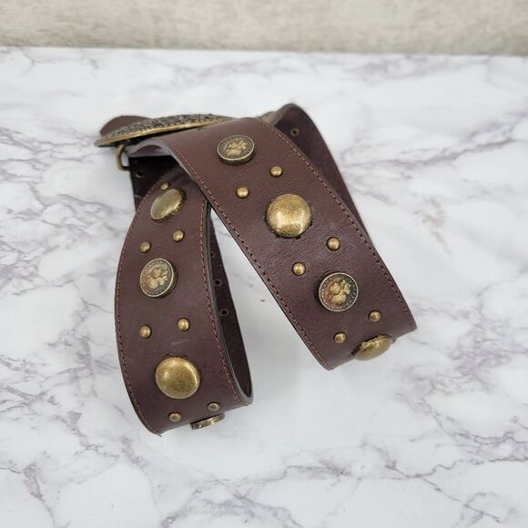 Brown Leather Belt with Studded Coin Accents Medalion Buckle Boho Western - Picture 3 of 11